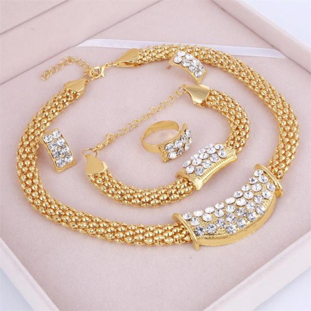 MINHIN Women Delicate Gold Bridal Jewelry Sets Rhinestone Pendant Collar Bracelet Crystal Earrings Rings Wedding Accessories