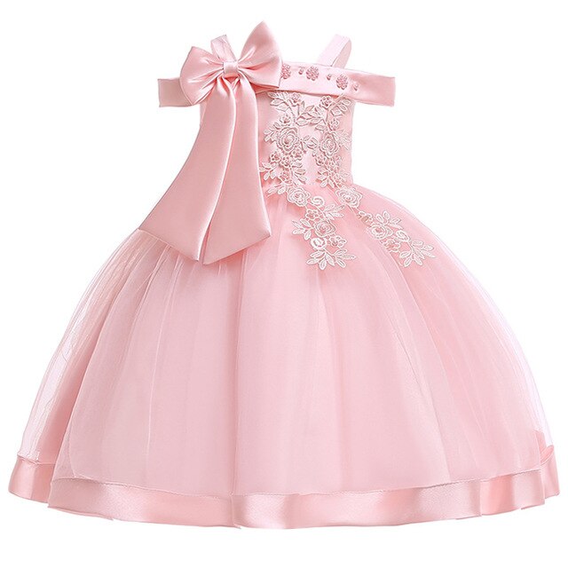 New Style Girl Wedding Party One-character Shoulder Suspender Dress Girl Bow Nail Pearl Flower Banquet Ball Dress vestidos