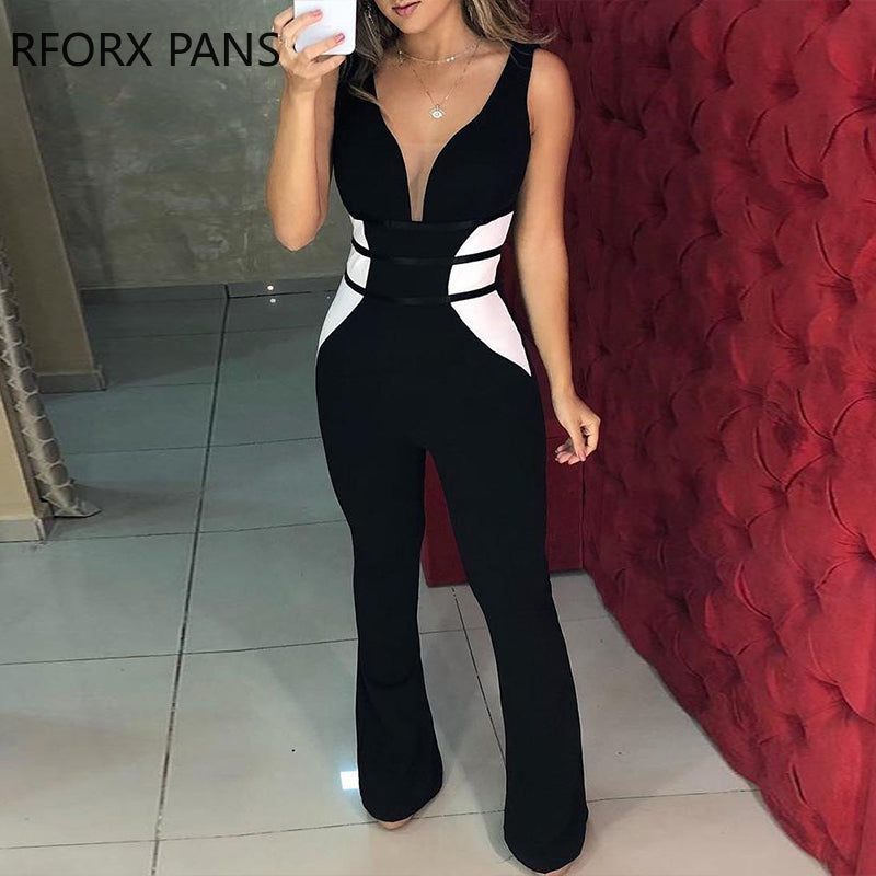 Contrast Color Mesh Insert Jumpsuits Office Lady For Women 2019